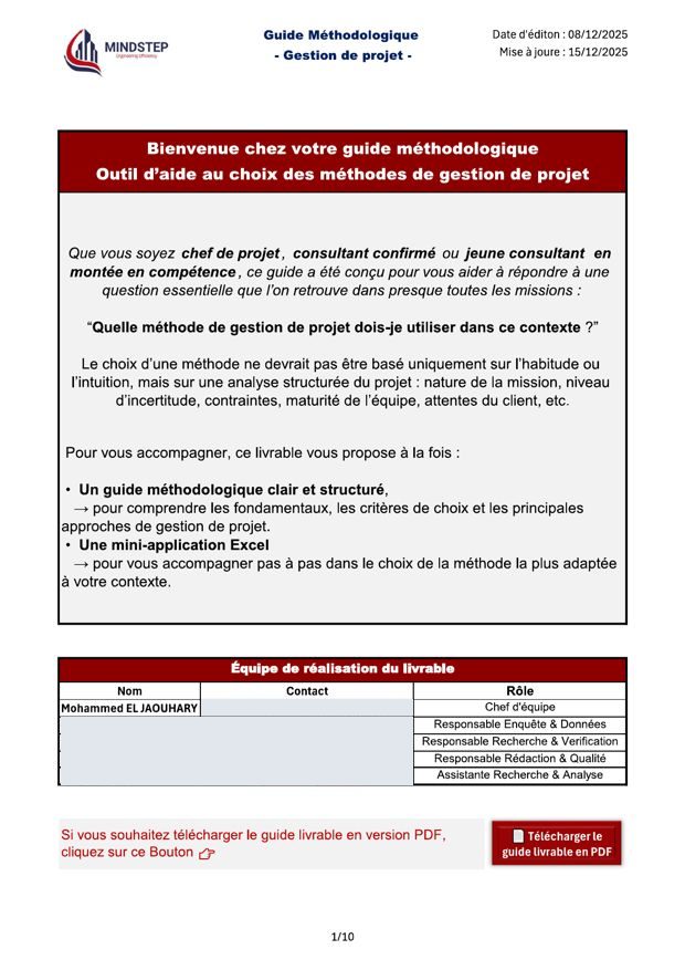 Page de garde : Outil d’aide au choix d’une méthode de gestion de projet