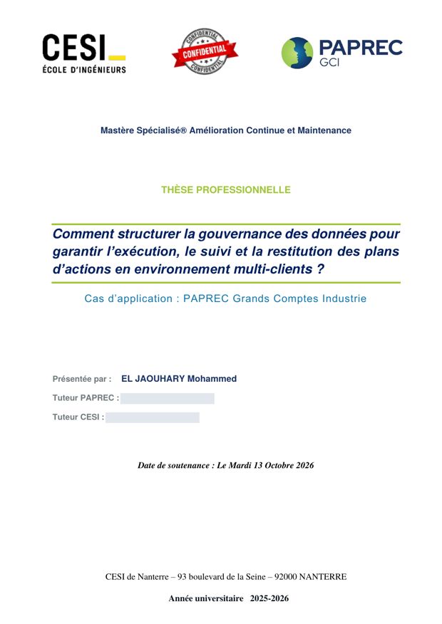 Page de garde : Gouvernance des données et suivi des plans d’actions en environnement multi-clients